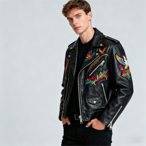 Chaqueta de Motociclista de Cuero PU con Bordado, Chaqueta de Cuero Genuino para Hombre, Chaqueta de Motociclista para Hombre - Product Image 3