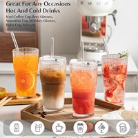 Vasos de Vidrio Acanalados de 20 oz con Tapas y Pajitas de Vidrio, Vasos Vintage para Café Helado, Vasos Reutilizables para Smoothies y Cócteles
