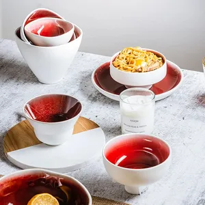 Runde Suppen teller Keramik becher Herzhaftes Geschirr Unter glasur Rotes japanisches Geschirr Haushalts küche Esszimmer Lebensmittel behälter Salats ch üssel