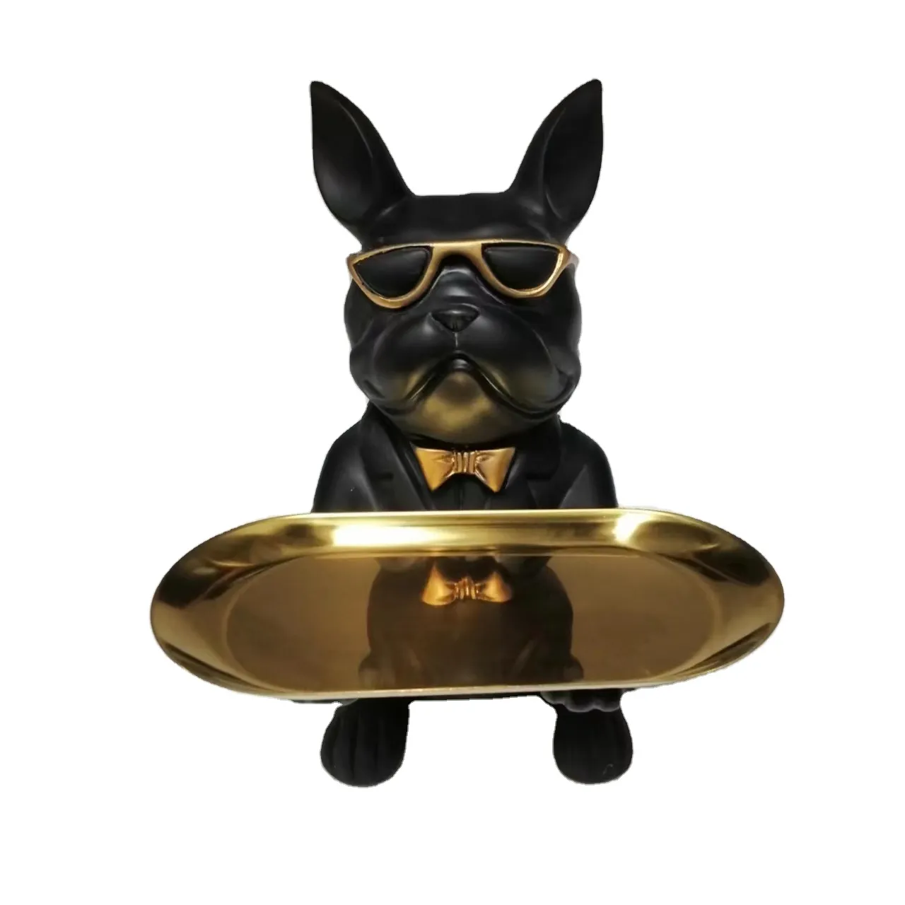 HOT SELLING ARTIFICIAL CREATIVE POLYRESIN CUTE ANIMAL BULLDOG HOLDING CANDY KEYT METAL PLATE HOUSE DECORATIVE STATUE GIFT TOY