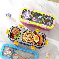 C721 Boîte à bento scellée à 3 grilles en acier inoxydable de qualité alimentaire Boîte à lunch divisée avec dessin animé Conteneur à aliments au micro-ondes imprimé mignon