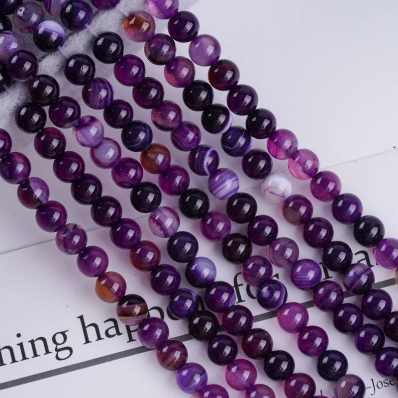 Wholesale 8mm Round Agate Stone Strands Purple Stripe- Bulk Natural Gemstone Beads for Jewelry Making