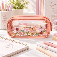 Étui à crayons en PVC transparent rose avec décorations florales et fermeture éclair supérieure pour l'école
