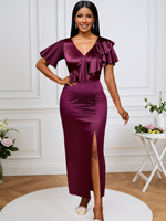 Vêtements de mode Ocstrade robes de soirée à fente bordeaux robes de soirée pour femmes col en V à volants manches courtes robes de soirée grande taille pour femmes