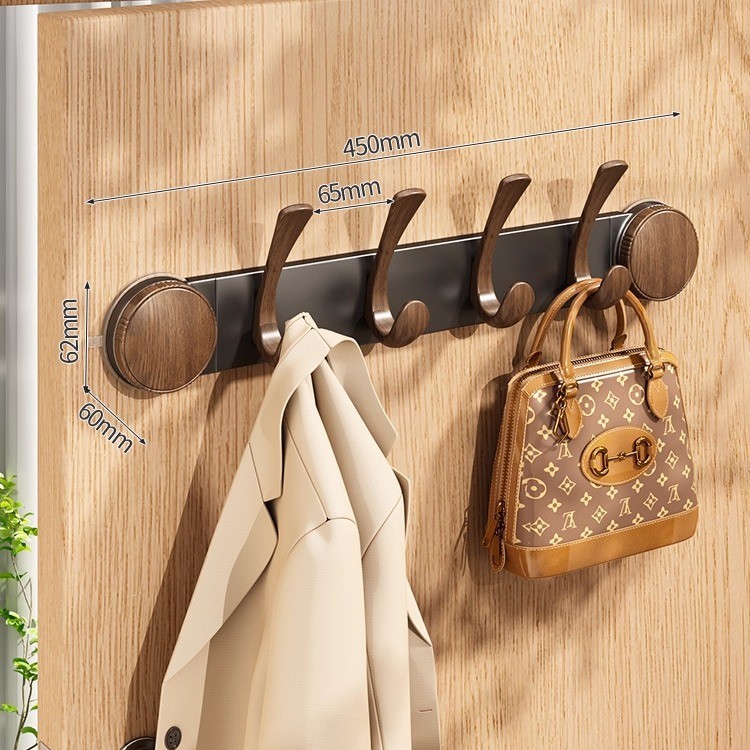 [Suction Cup Walnut Wood Color Knob Style] 4 Hooks