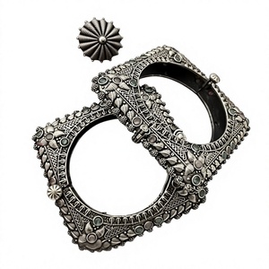 Ethnic Tibetan Silver Cuff Bracelets Women's Antique Plated Alloy <b>Bangles</b> <b>Set</b> Square Design Bezel Setting Jewelry - Product Image 2