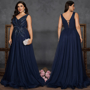<span class=keywords><strong>Vestidos</strong></span> de Noche de Lujo Talla Grande LY2755D para Mujer, Sin Mangas, Cuello en V, Lentejuelas Bordadas, Adornados con Cuentas, Color Azul Marino, Vestido Formal para Fiesta - Product Image 1