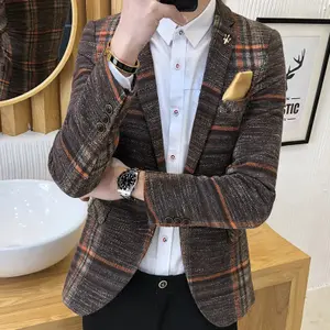 Men Blazer For Winter Plush Warm Checked Suit For Young Men Jacket Casual Barber Suit Slim Korean Men's Suit