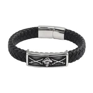 OUMI Chinese Supplier Jewellery Shopping Latest Black And Silver Bracelet Retro Skull Mens Ankle Leather Bracelet Price Men