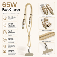 Câble de charge robuste 4-en-1 avec lanière, 65W max, 10mm d'épaisseur, en nylon tressé, 1,5M, multi-connecteurs, vente en gros