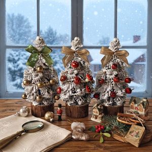Pohon Natal Mini Berlapis Bulu Putih Terlaris dengan Alas Kayu, Pohon Natal Meja Kecil dengan Hiasan Pita, Lonceng, dan Buah Berry untuk Dekorasi Rumah Natal - Product Image 2