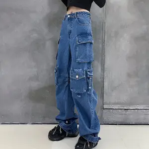 Hip Hop Atacado Alta Qualidade 6 Bolsos Loose Wide Leg Cargo Casual Ladies Pants Mulheres