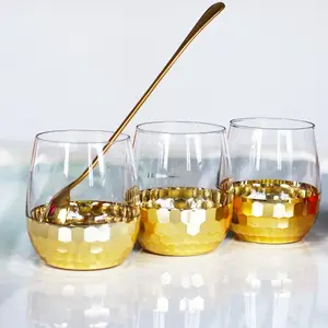 12.5oz Modern Stemless Hammered Brass Metal Bottom Luxury Gold Honeycomb Drinking Glass Tumbler