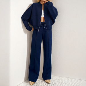 Set Due Pezzi Casual <span class=keywords><strong>in</strong></span> Pile Polycotton per <span class=keywords><strong>Donna</strong></span>, Personalizzabile, Felpa con Zip e Pantaloni a Gamba Larga, OEM ODM - Product Image 2