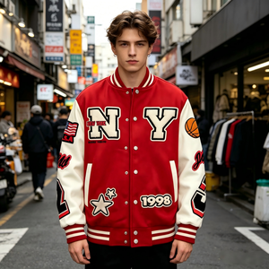 Blouson Bomber Vintage OEM en Mélange de Laine, Blouson Varsity Color Block avec Manches en Similicuir Blanc et Écussons Brodés, Blouson de Basketball - Product Image 3