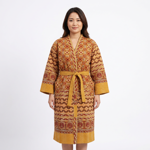 Long Handmade Quilted Cotton Kantha Jacket Japanese Style Winter <b>Coat</b> with Argyle Pattern Tie Belt <b>for</b> <b>Women</b> - Product Image 1