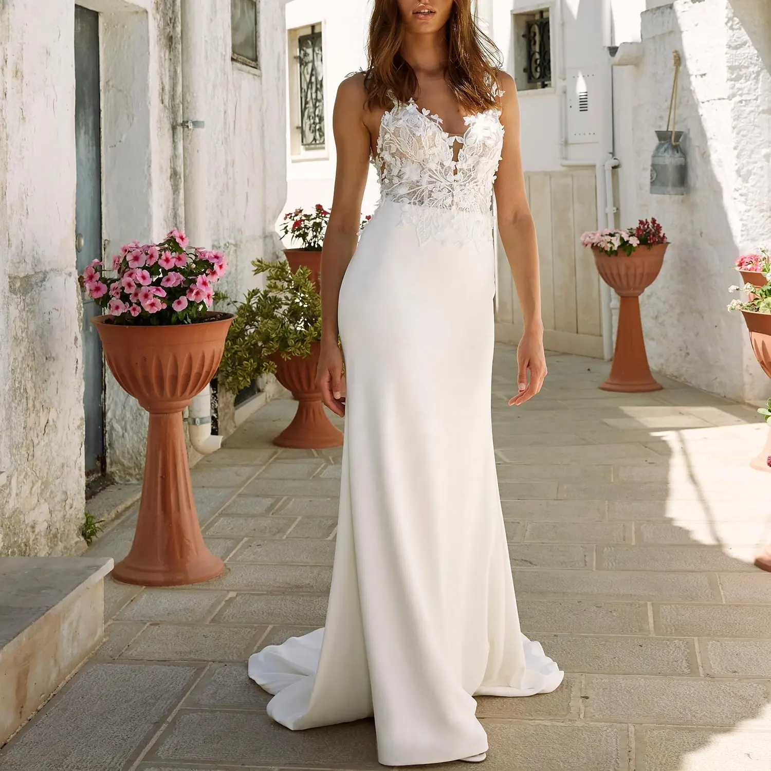 Floral Lace Bodice Wedding Dress With Off-The-Shoulder Straps Crepe Wedding Dress Custom Maxi Long Bridal Dress