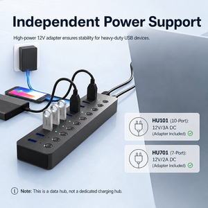 7-poorts 10-poorts USB 3.0 datahub met LED-verlichting, aan/uit-schakelaar, voeding, supersnelle 5Gbps USB-splitter voor computers, op voorraad - Product Image 4