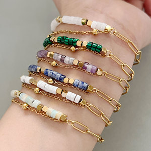 Bracelet KITI minimaliste en perles tubulaires de pierre naturelle, bijoux inaltérables, bracelet chaîne géométrique en acier inoxydable plaqué or 18 carats - Product Image 3