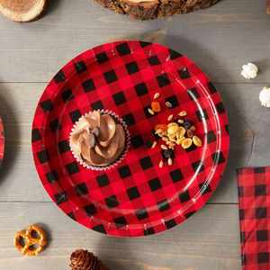 FDA Approved 9-Inch <b>Disposable</b> Round Paper <b>Plate</b> in CMYK Buffalo Plaid for Lumberjack 350gsm White Board Party Supplies - Product Image 1