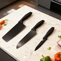 Ensemble de couteaux de chef en acier inoxydable noir Chef Star 3 pièces, couteaux Santoku et à éplucher, revêtement antiadhésif, poignées ambidextres
