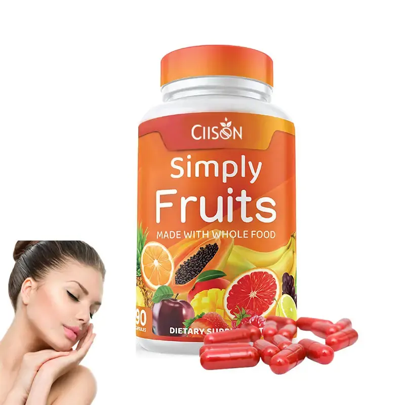 Capsule di integratori di frutta e verdura con vitamine e minerali supportano i livelli di energia e la salute immunitaria