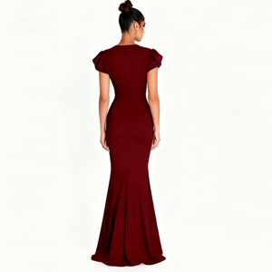 <span class=keywords><strong>Abito</strong></span> Lungo Vintage <span class=keywords><strong>Bordeaux</strong></span> su Misura OEM, Collo Tondo, Maniche Corte Plissettate, Vita Alta con Spacco, per Donna, Autunno Inverno - Product Image 2