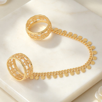 Bague double plaquée or 18 carats de luxe de Dubaï, avec pampille pièce de monnaie et chaîne, pour femme arabe, style vintage, bijou de main étanche