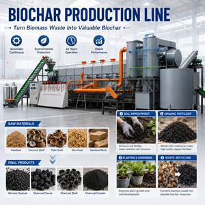 Chaîne de production de biochar automatique et continue à partir de sciure de bois, coques de noix de coco, coques de palmier et balles de riz, avec chaudière à carbone et construction en acier inoxydable - Product Image 1