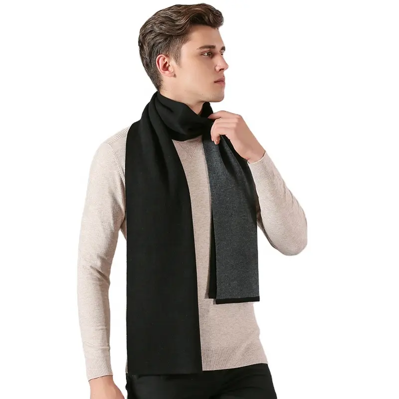 Business Embroidery cashmere scarf for autumn and winter warm black grey double-sided two-color knit simple men's scarf