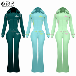 Completo Personalizzato da <span class=keywords><strong>Donna</strong></span> in Tessuto Waffle a Maniche Lunghe <span class=keywords><strong>Tuta</strong></span> Sportiva con Giacca Felpata con Cappuccio e Zip e <span class=keywords><strong>Pantaloni</strong></span> a Gamba Larga Svasati Completo Due Pezzi da Casa - Product Image 1