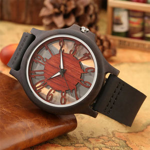 Transparent creux chiffres arabes affichage hommes bois montres Chic mode mâle Quartz en cuir véritable montre - Product Image 3