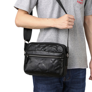 Men's Crossbody <b>Bag</b> Genuine Leather <b>Black</b> Zipper Closure Street Style <b>Small</b> Square Shoulder <b>Bag</b> Everyday Use - Product Image 1