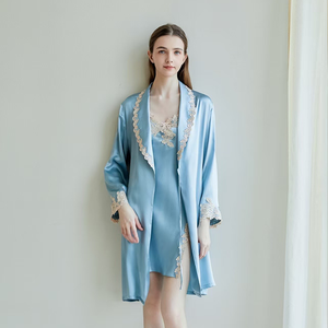 Conjuntos de Bata de seda 100% de lujo de calidad, nueva ropa de dormir bordada transpirable hasta la rodilla, camisón de seda elegante para mujer para verano - Product Image 5