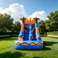 Toboggan aquatique gonflable commercial en PVC, motif palmier, style montagne marbrée, bleu, avec piscine, pour location événementielle