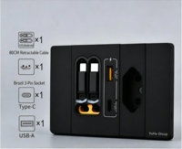 Prise murale en aluminium YuHe Group, 1 prise brésilienne, 1 USB-C, 1 USB-A, câble rétractable de 80 cm, Smart Life, 10A, haute puissance, charge rapide