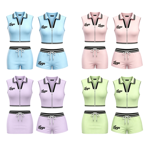 Ensemble 2 pièces personnalisé avec logo OEM pour femmes, haut court sans manches à fermeture éclair et short, tenue de sport, streetwear Y2K, tenues d'été - Product Image 1