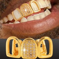 3 pièces Grillz dentaire Hip Hop Bling Zircon, design ajouré, plaqué or, style Punk diamant, unisexe, pour usage quotidien, décoration dentaire