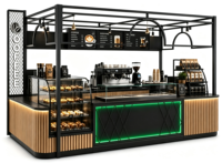 Kiosque à café moderne personnalisé, stand de café pour centre commercial, comptoir de café intérieur, kiosque à boissons et à nourriture avec auvent métallique, vitrine à pâtisserie
