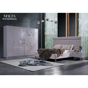 Furnitur Turki mewah gaya Italia Set furnitur kamar tidur Modern Eropa High End MDF pernis mengkilap putih ungu merah muda