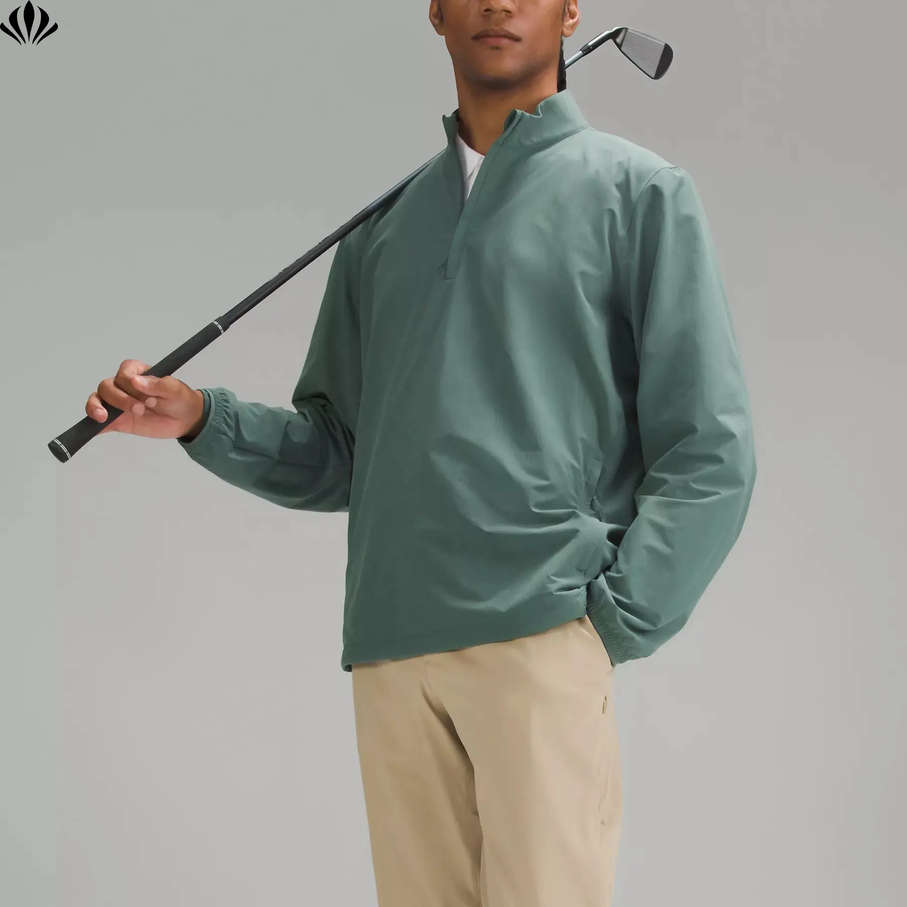 Jaket tahan angin pria, ukuran besar pas Golf setengah ritsleting dengan saku ritsleting