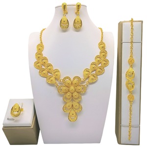Women's 22k Gold Plated Jewelry Set Necklace Earrings Ring <b>Bracelet</b> Wedding Luxury <b>Flower</b> Design - Product Image 3