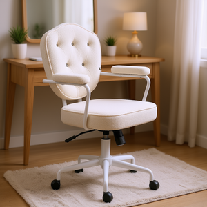 <b>Cream</b> <b>White</b> Tufted Swivel Makeup Chair with Adjustable Height, Metal Frame, Armrests, and Wheels for Desk Use Contemporary Offi - Product Image 2
