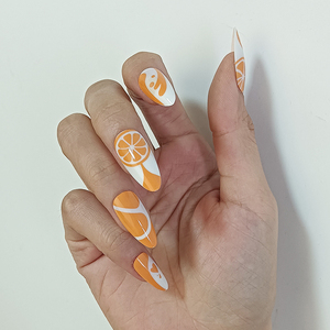 <span class=keywords><strong>Faux</strong></span> <span class=keywords><strong>Ongles</strong></span> Longs Amande Press-On Orange Frais d'Été 24 Pièces Réutilisables Blancs & Orange Motif Cœur Fruit pour Vacances et Usage Quotidien - Product Image 3