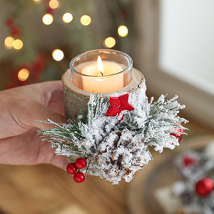 Portavelas de cristal LANJO con diseño festivo de ramas de madera, conos de pino y bayas, para centro de mesa navideño. - Product Image 6