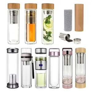 ROWEY BPA filter infuser teh stainless steel, botol air kaca borosilikat tinggi, dinding ganda, ramah lingkungan, gratis BPA