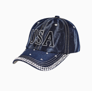 USA Letter Denim Baseball Cap with Rhinestone Bling Crystal Sports Sun <b>Hat</b> Adjustable - Product Image 6