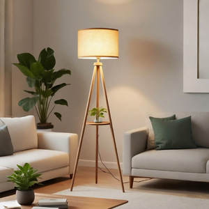 Modern Wood Floor <b>Lamp</b> With <b>Shelf</b> Beige Shade LED Light Source Adjustable Height For Living Room Bedroom - Product Image 1