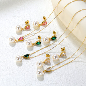 Juego de aretes y collar de perlas en forma de lágrima de acero inoxidable para mujer, joyería de fiesta con incrustaciones de circonita y engaste de bisel. - Product Image 2
