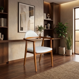 Un fauteuil de salle à manger scandinave en bois massif avec un dossier incurvé et rembourré, alliant élégance minimaliste. - Product Image 3